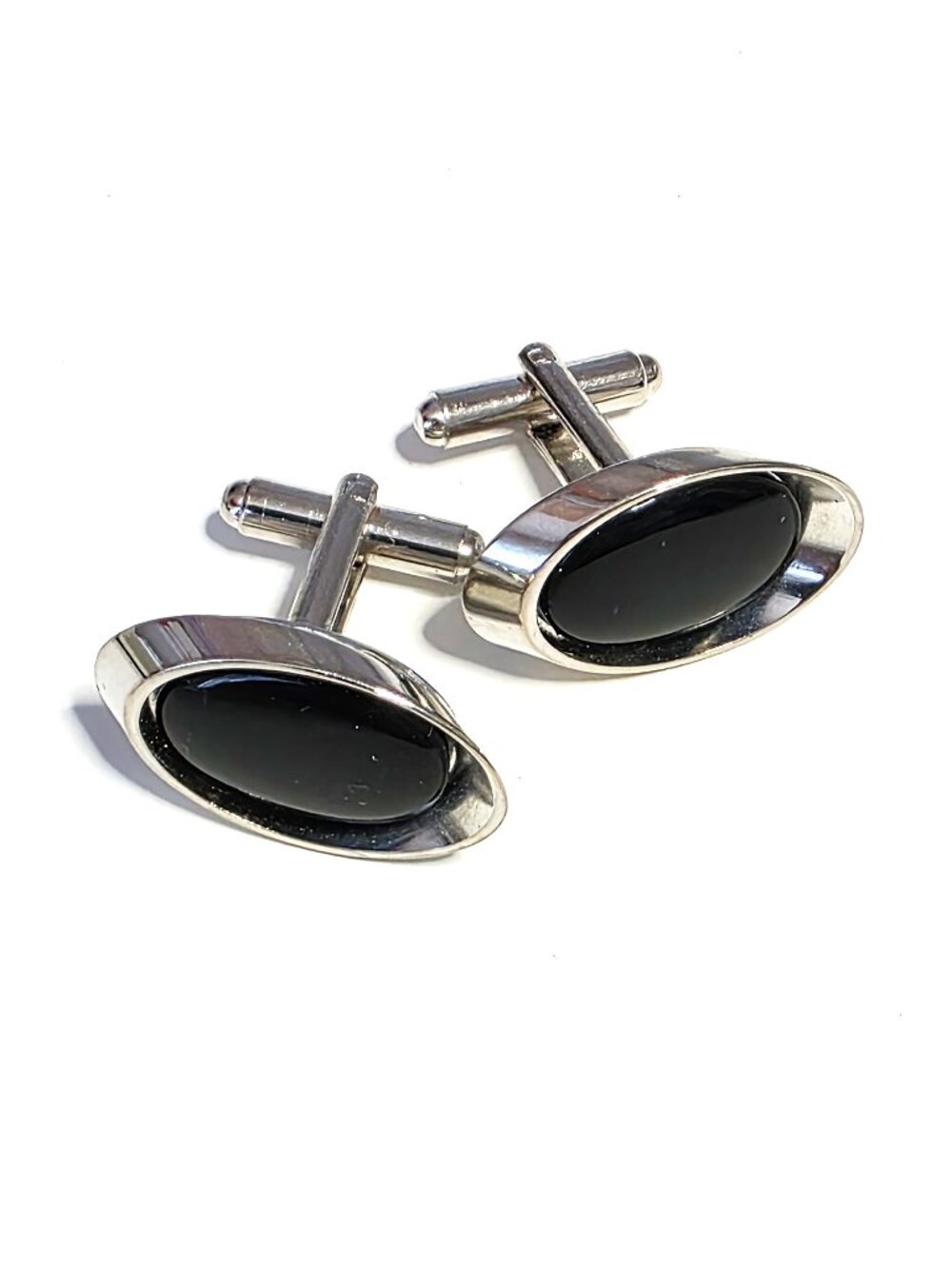 Silver-tone & black oval cufflinks